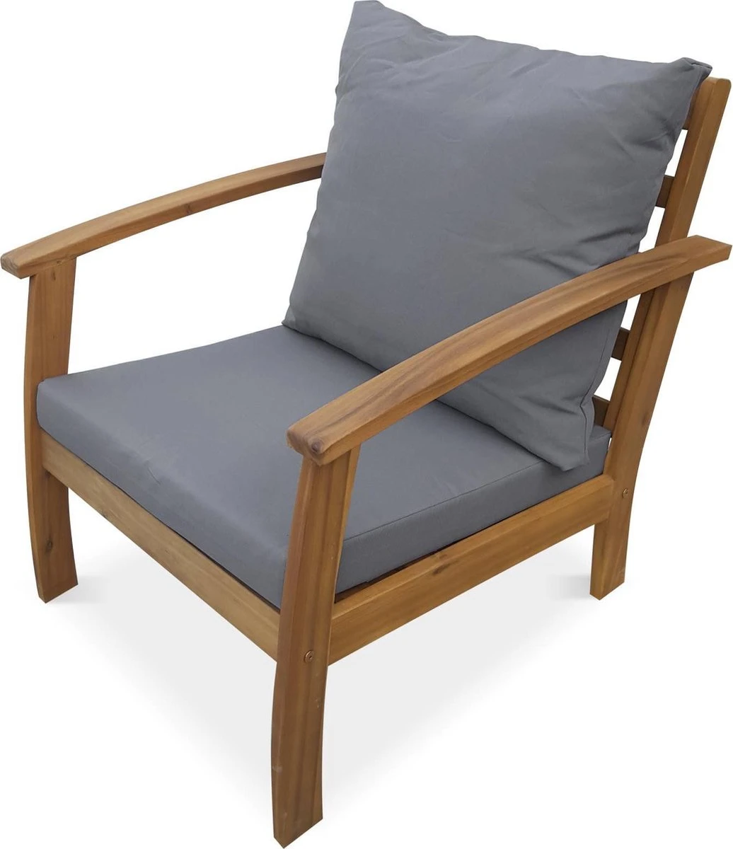 Houten Loungeset 4 Plaatsen - Ushuaïa - Grijs Kussens, Bank, Fauteuils En Lage Tafel Van Acacia, Design - Afbeelding 3