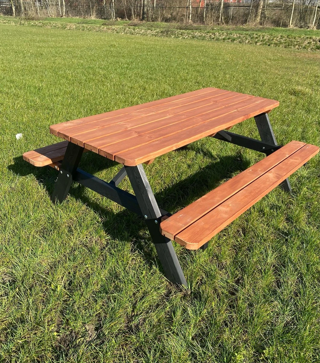 Goedkopepicknicktafels.nl | Zwart Bruine XL Picknicktafel Bruno | Tuintafel 6 Persoons | Bruin Zwart Gespoten Gedroogd Grenen Hout! - Afbeelding 6
