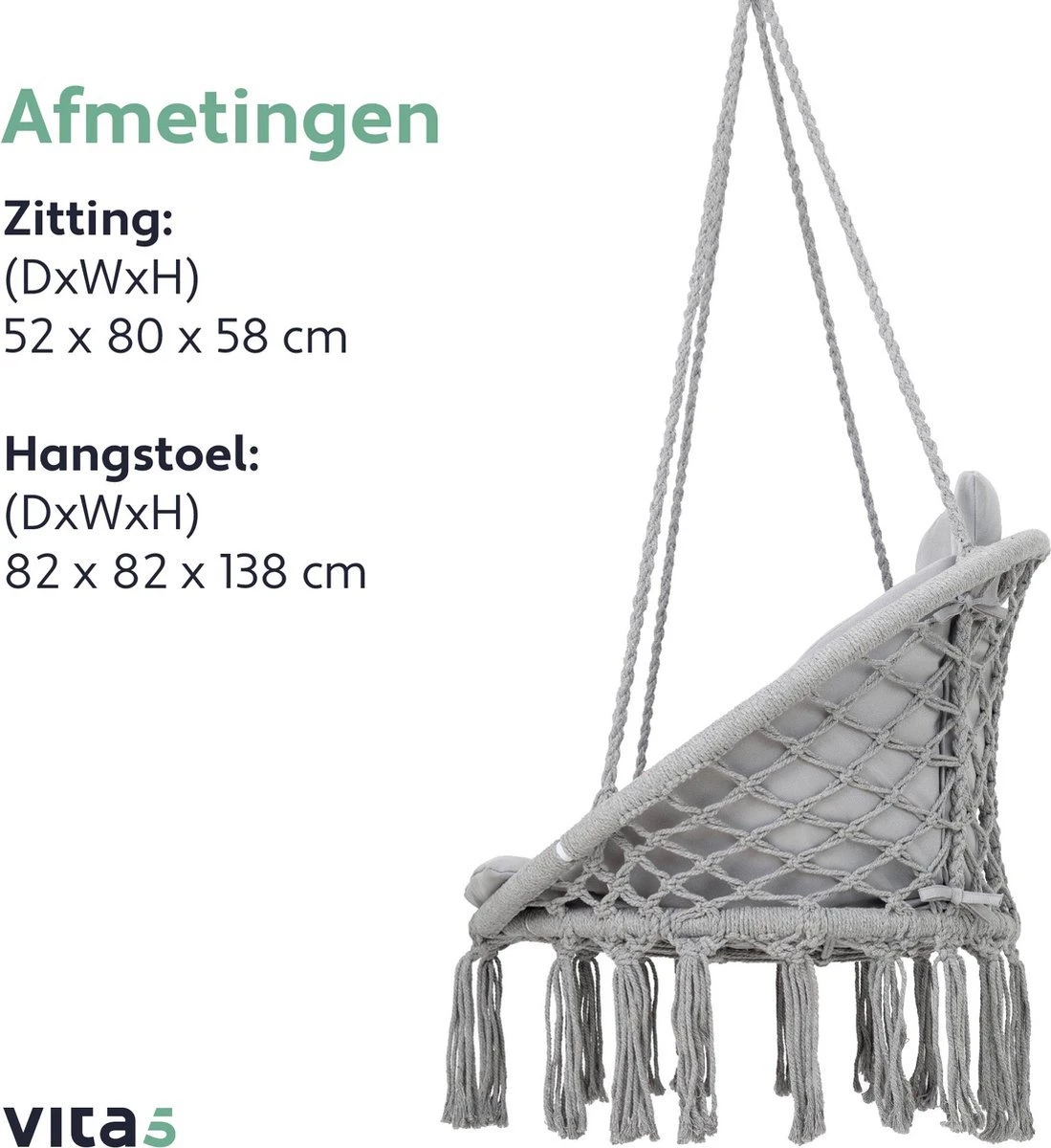 Vita5 Macramé Hangstoel - Voor Binnen En Buiten - Zonder Standaard - Incl. Kussen, Boekenvak En Beschermhoes - Tot 150kg - Grijs - Afbeelding 7
