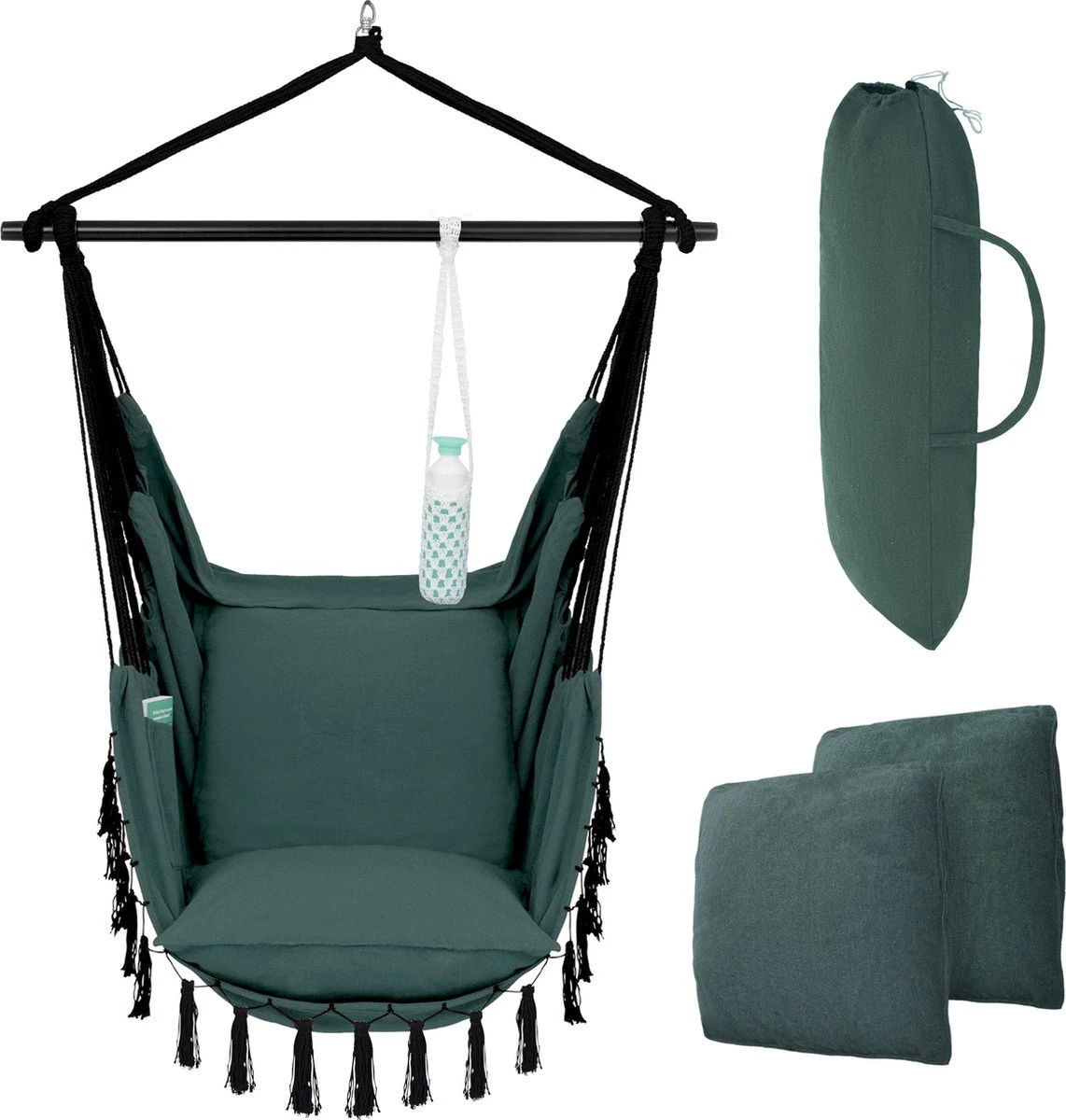 Vita5 XXL Hangstoel | Binnen&Buiten Hangnest | Incl. 2 Kussens En Boekenvak | Volwassenen&Kinderen | Hangmatstoel Tot 225kg | Donkergroen - Afbeelding 10