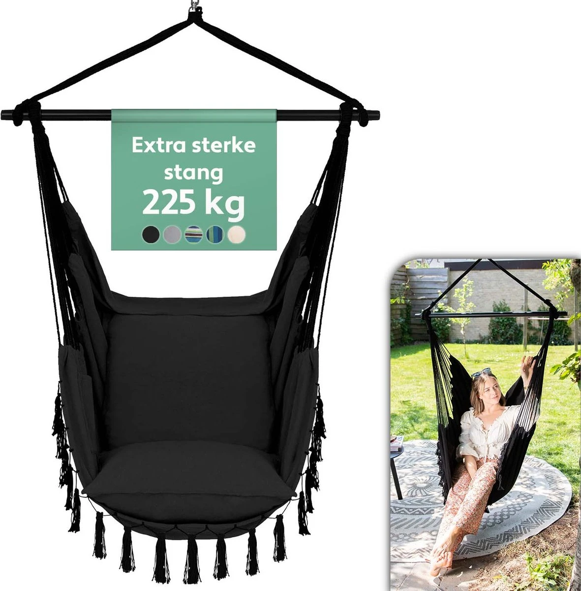 Vita5 XXL Hangstoel - Binnen&Buiten Hangnest - Incl. 2 Kussens En Boekenvak - Volwassenen&Kinderen - Hangmatstoel Tot 225kg - Zwart