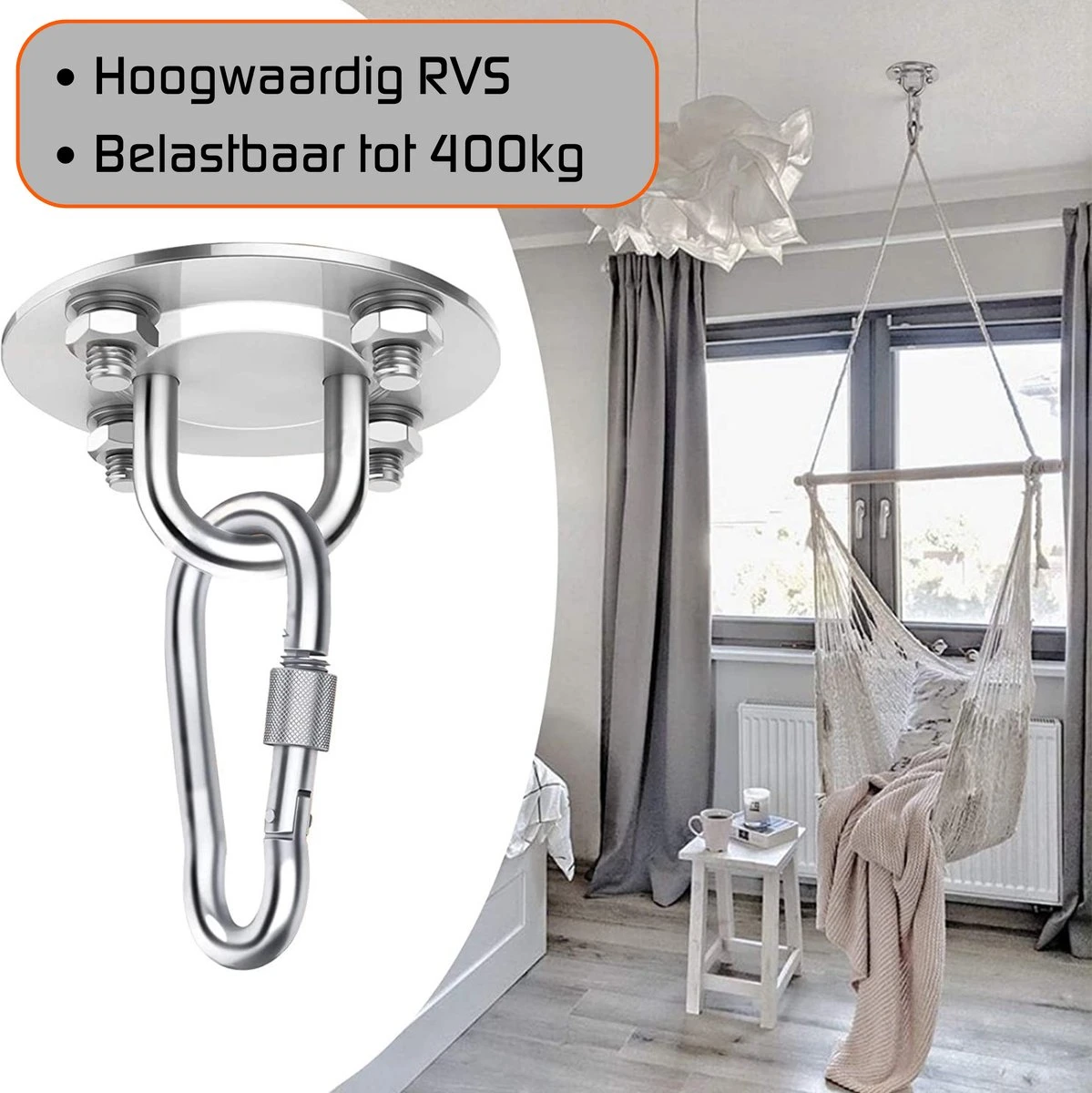 Plafondhaak – Voor Beton En Hout - Hangstoel – Hangmat – Bokszak – RVS – Binnen En Buiten – Ophangsysteem – Ophanghaak – 400KG - Afbeelding 5