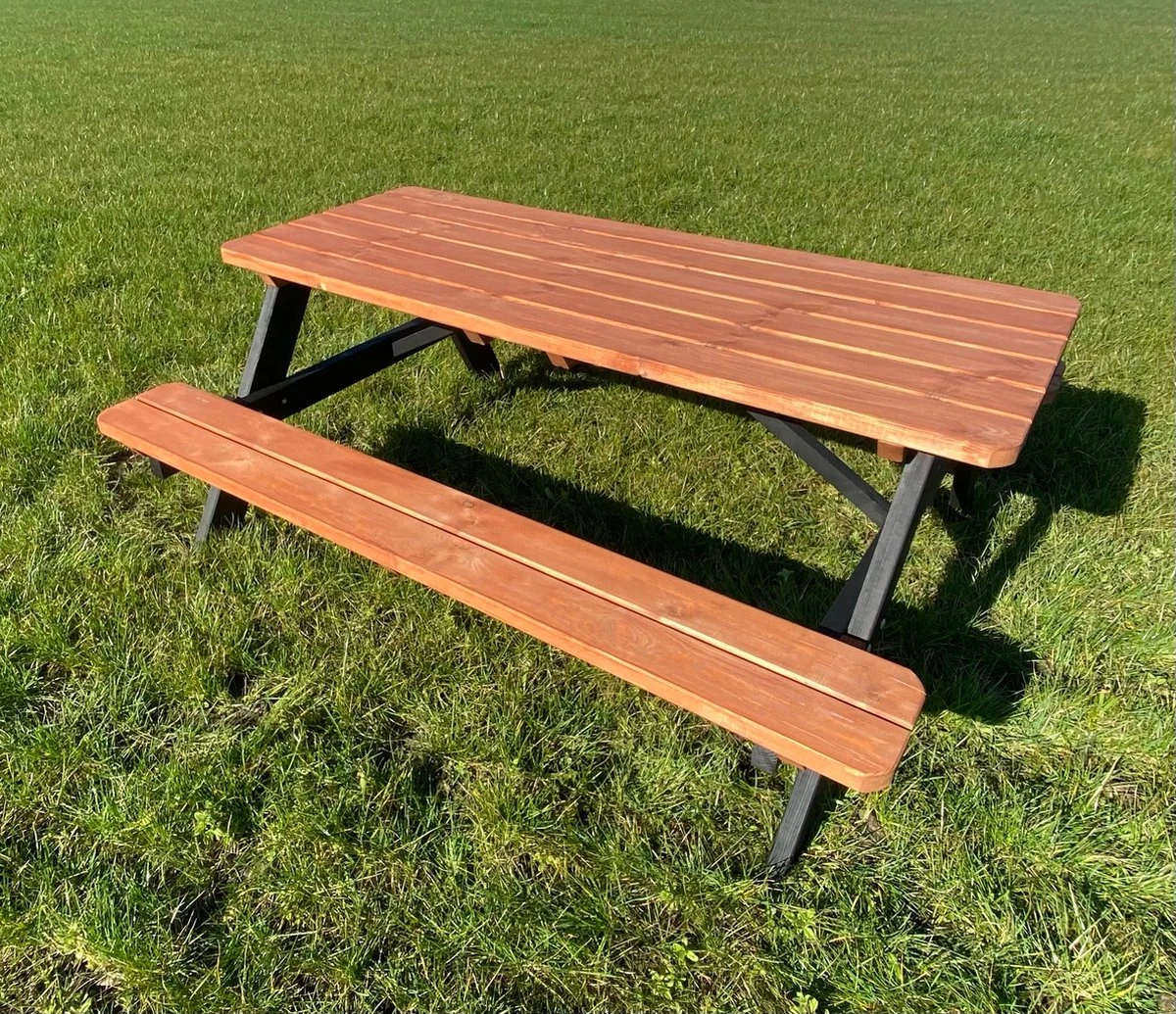 Goedkopepicknicktafels.nl | Zwart Bruine XL Picknicktafel Bruno | Tuintafel 6 Persoons | Bruin Zwart Gespoten Gedroogd Grenen Hout! - Afbeelding 7