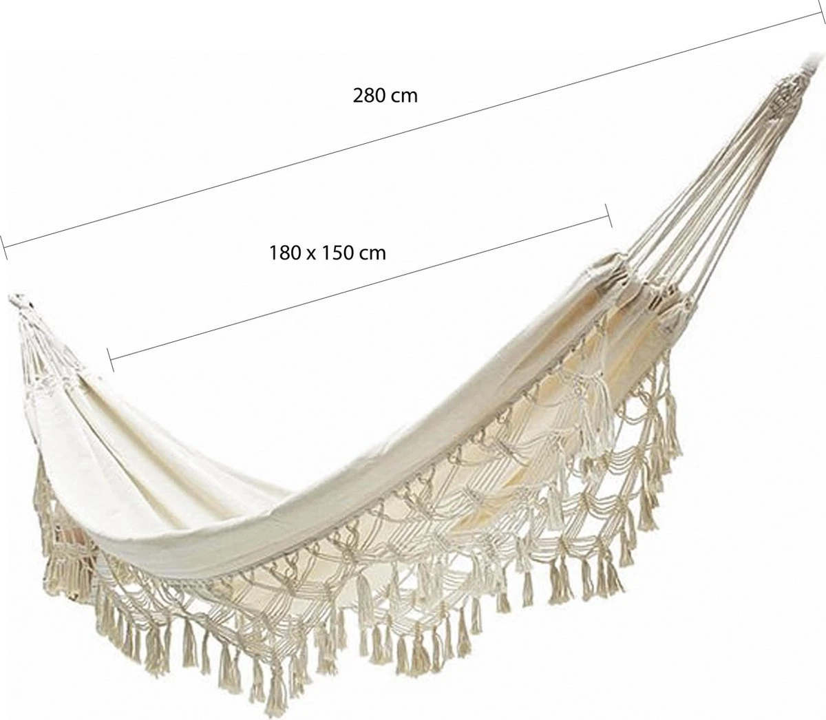 QUVIO Hangmat Voor In De Tuin - Tuinstoelen - Reishangmat Voor Camping, Outdoor En Reizen - Hamock - Katoen Ademend - Maximale Belasting Van 250KG - Lig Oppervlak Van 180 Cm - Geschikt Voor 1 Persoon - Beige - Afbeelding 2