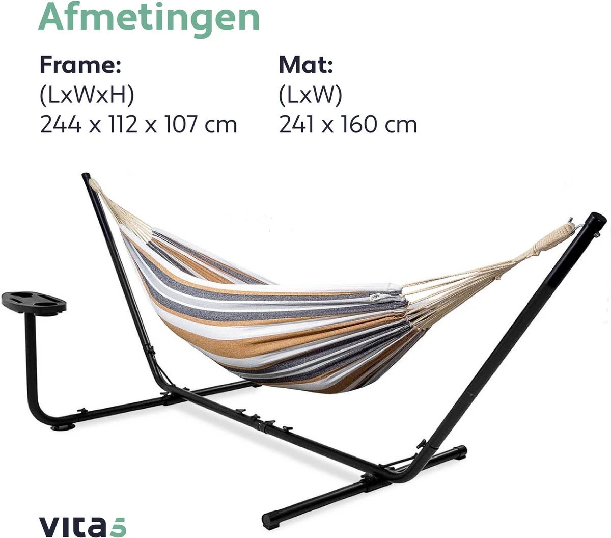 Vita5 Hangmat Met Standaard – 2 Persoons – Incl. Bekerhouder – 205kg Draaggewicht – Blauw/Wit/Bruin - Afbeelding 8
