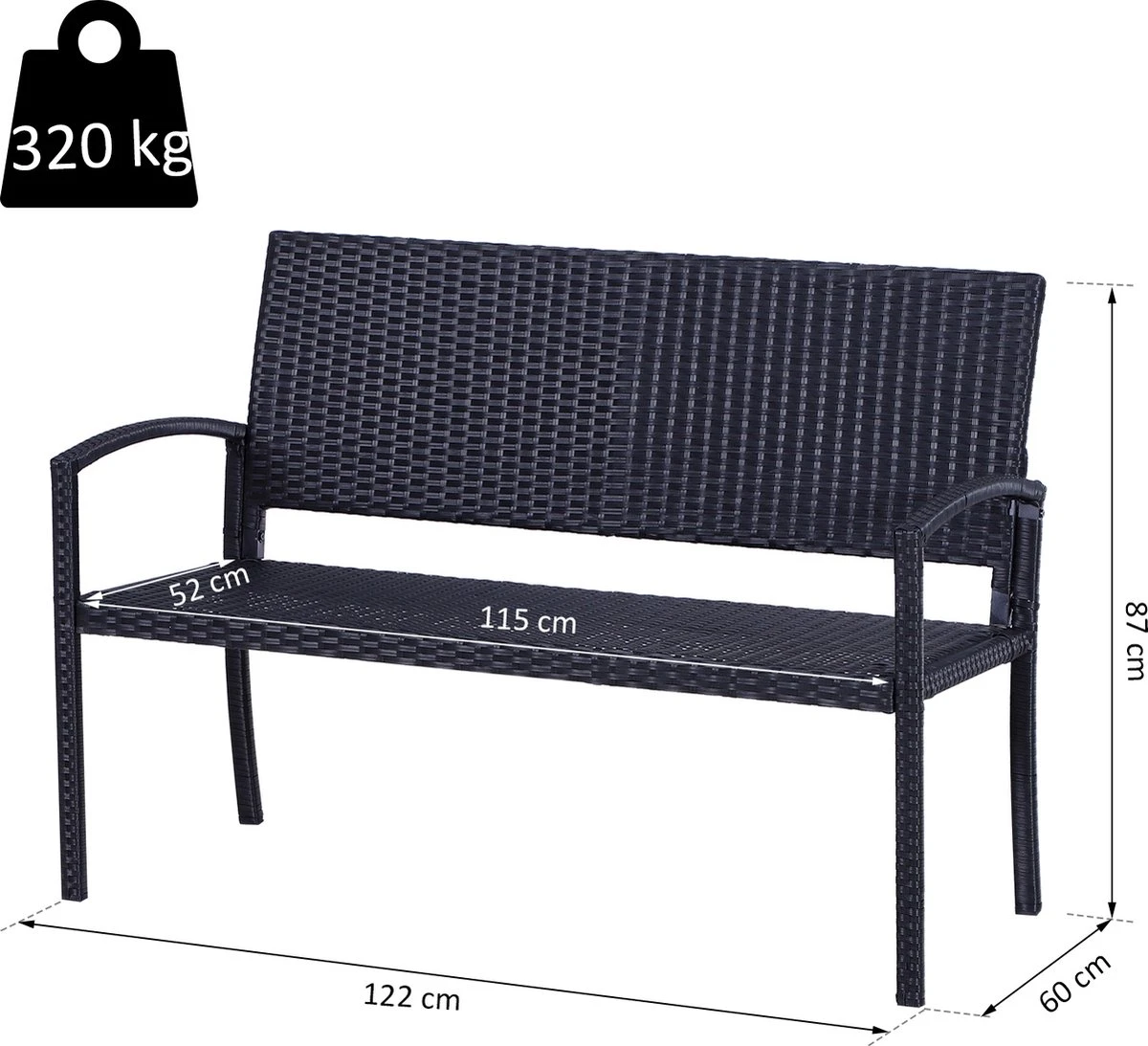 Outsunny Polyrotan Tuinbank 2-zits Parkbank Bank Staal Zwart 867-022 - Afbeelding 11
