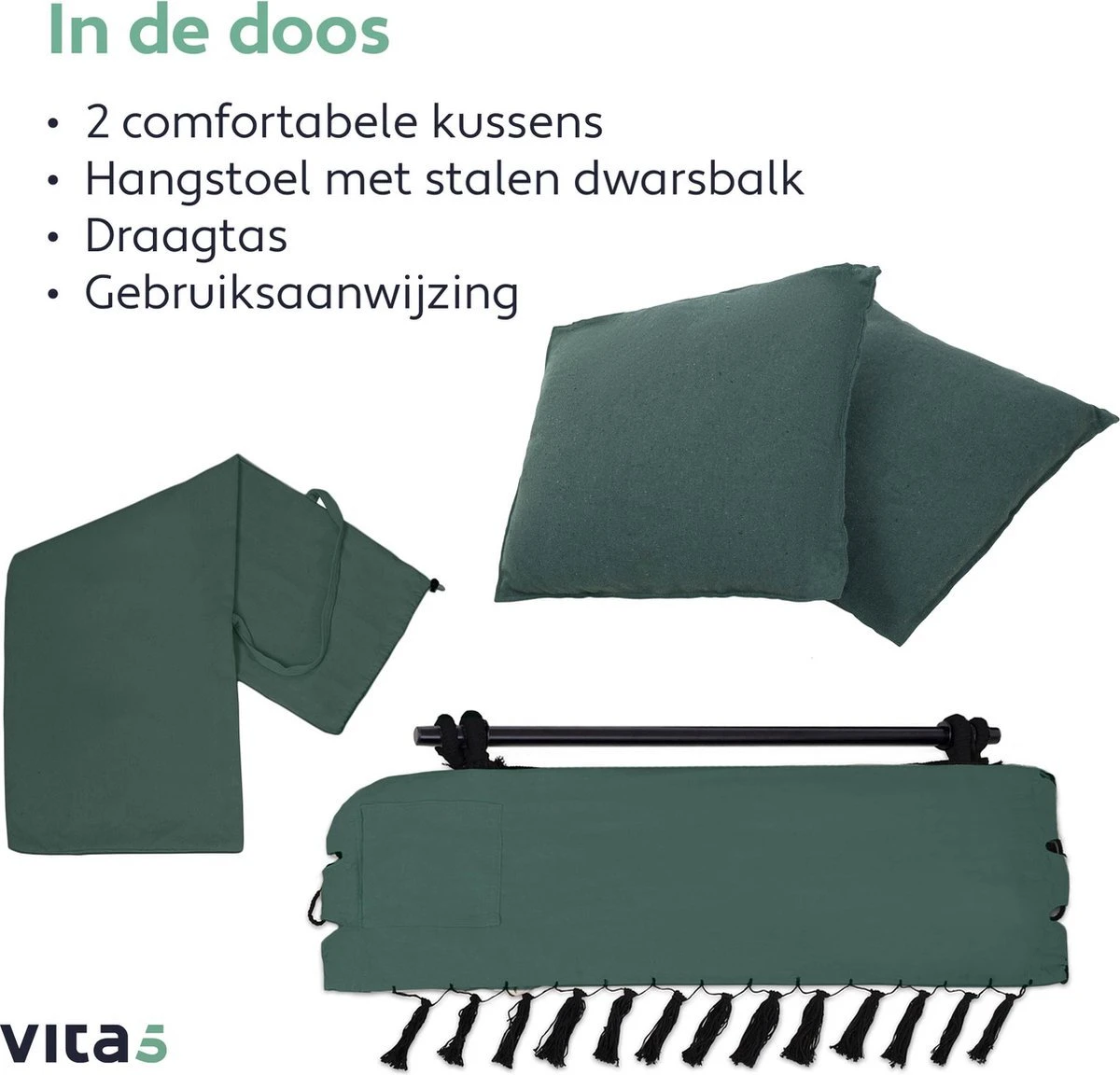 Vita5 XXL Hangstoel | Binnen&Buiten Hangnest | Incl. 2 Kussens En Boekenvak | Volwassenen&Kinderen | Hangmatstoel Tot 225kg | Donkergroen - Afbeelding 8