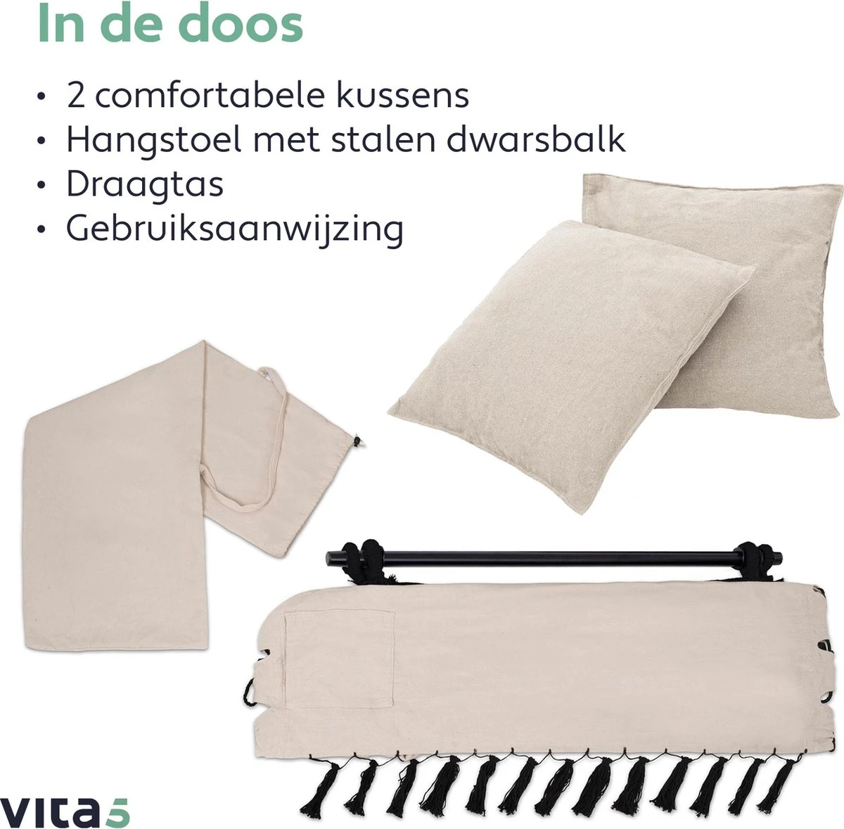 Vita5 XXL Hangstoel | Binnen&Buiten Hangnest | Incl. 2 Kussens En Boekenvak | Volwassenen&Kinderen | Hangmatstoel Tot 225kg | Beige - Afbeelding 8