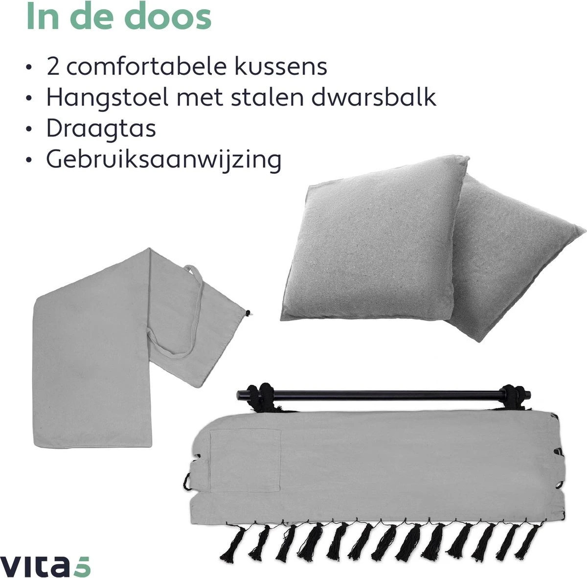 Vita5 XXL Hangstoel | Binnen&Buiten Hangnest | Incl. 2 Kussens En Boekenvak | Volwassenen&Kinderen | Hangmatstoel Tot 225kg | Grijs - Afbeelding 8
