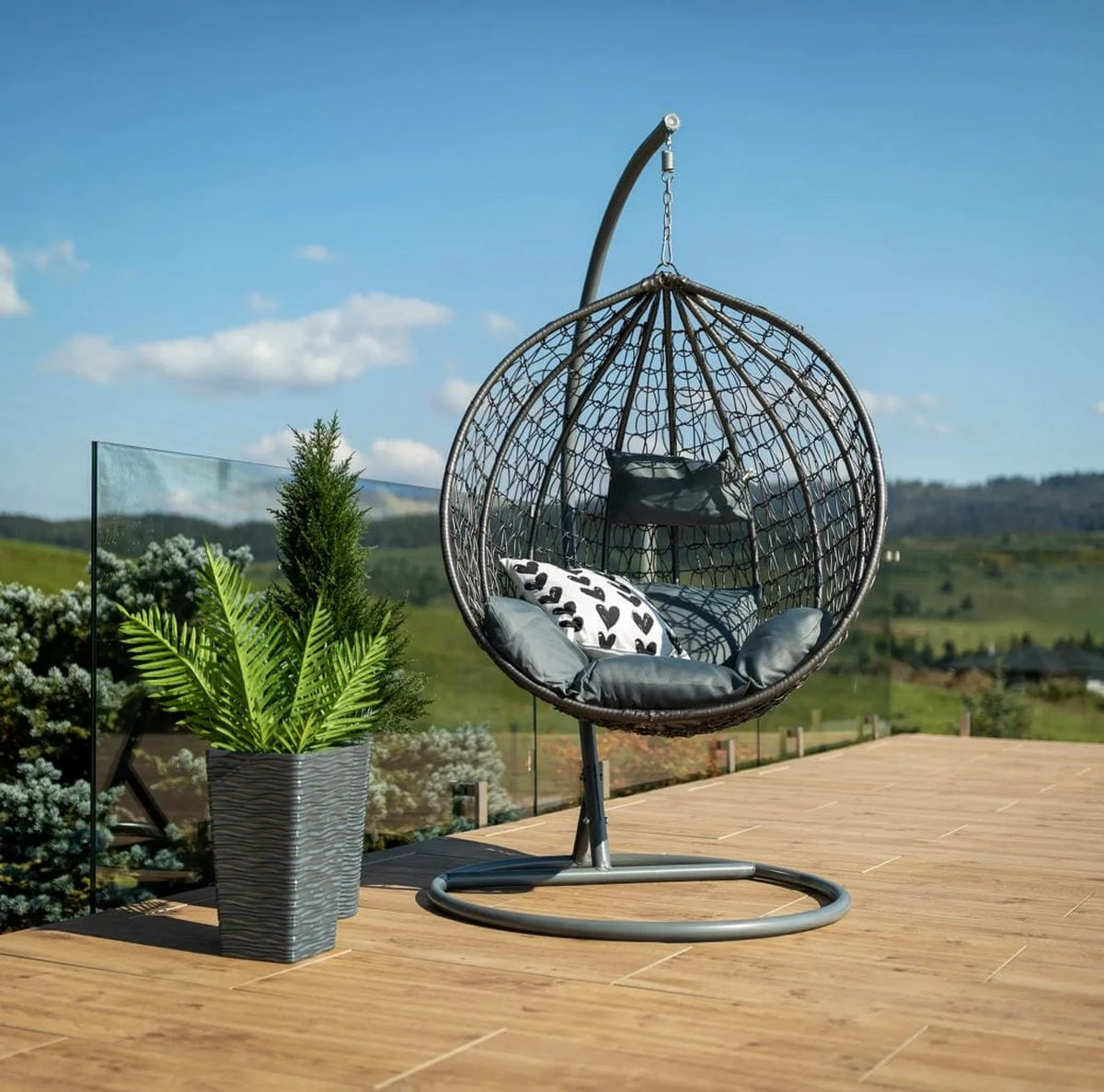 Bircim Hangstoel Ei/Egg-Vorm Met Dikke Kussens - Voor Binnen En Buiten - Incl. Standaard, Onderstel & Kussens - Antraciet - Afbeelding 5