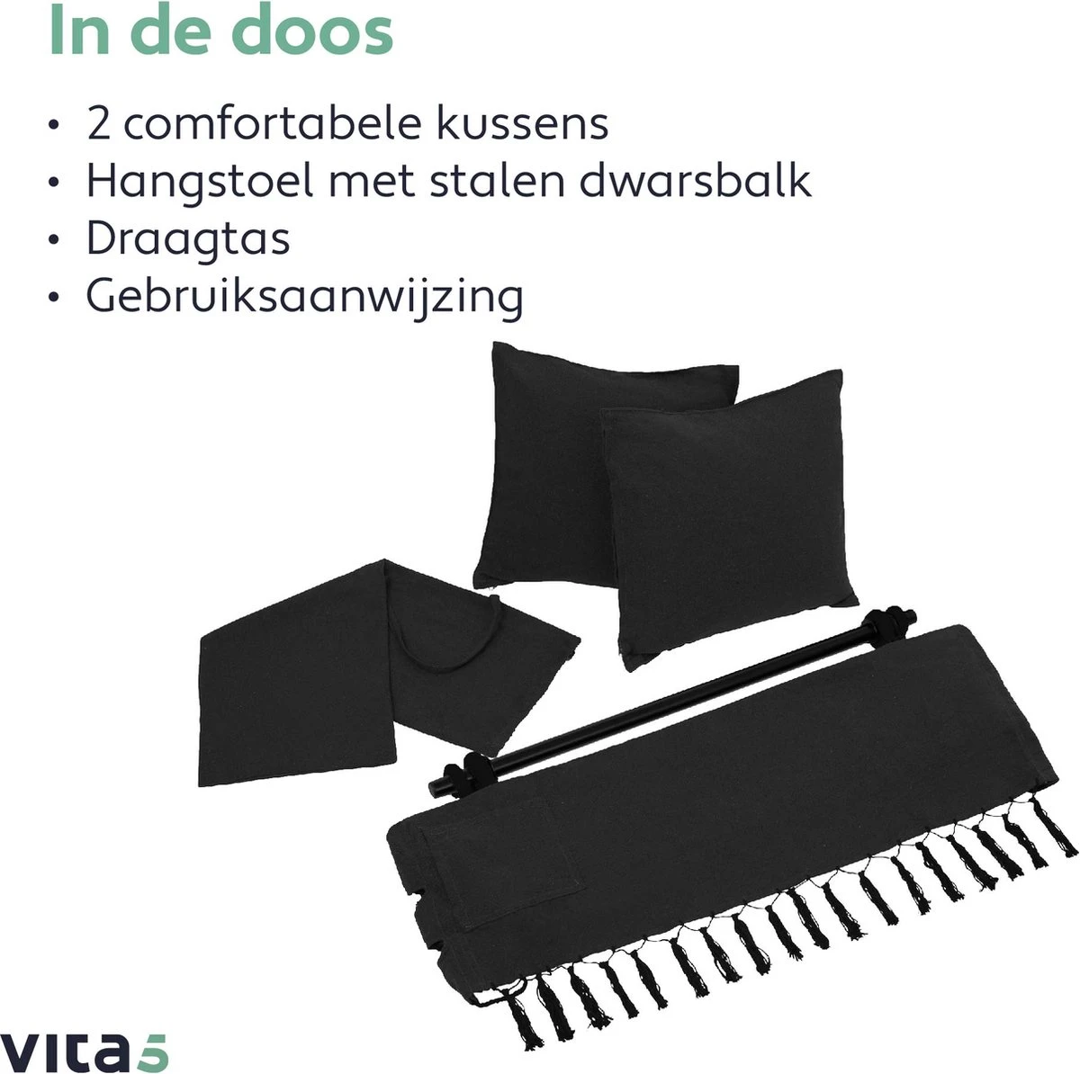 Vita5 XXL Hangstoel - Binnen&Buiten Hangnest - Incl. 2 Kussens En Boekenvak - Volwassenen&Kinderen - Hangmatstoel Tot 225kg - Zwart - Afbeelding 11