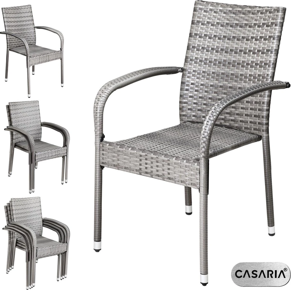 Casaria Polyrattan Tuinstoelen – 4 Stuks Stapelbaar – Grijs - Afbeelding 6