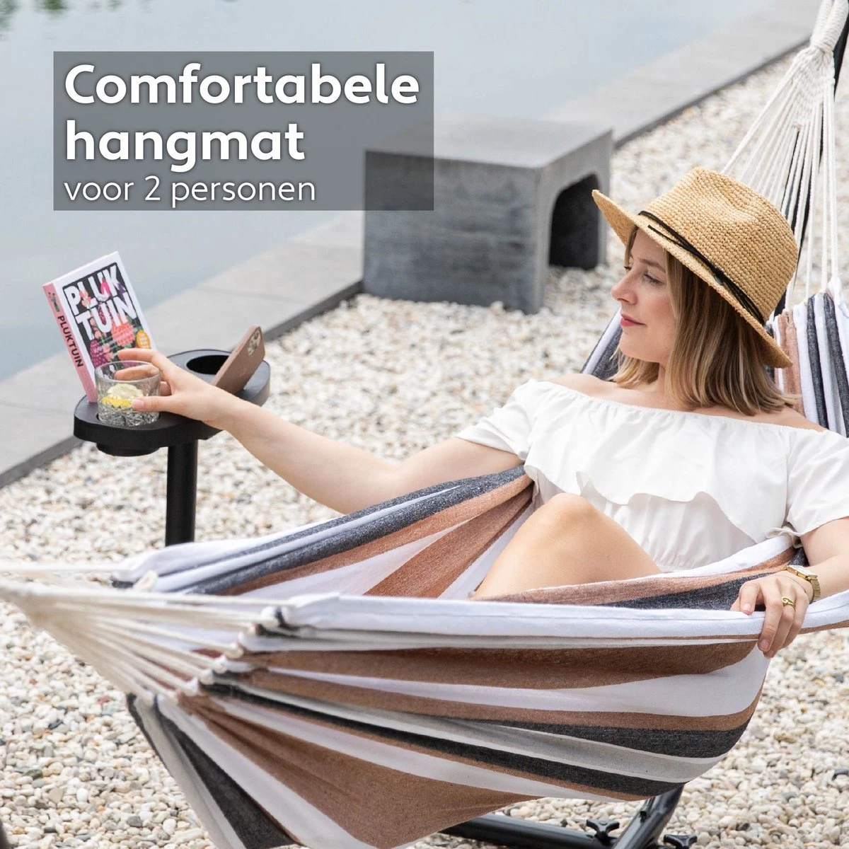 Vita5 Hangmat Met Standaard – 2 Persoons – Incl. Bekerhouder – 205kg Draaggewicht – Blauw/Wit/Bruin - Afbeelding 4