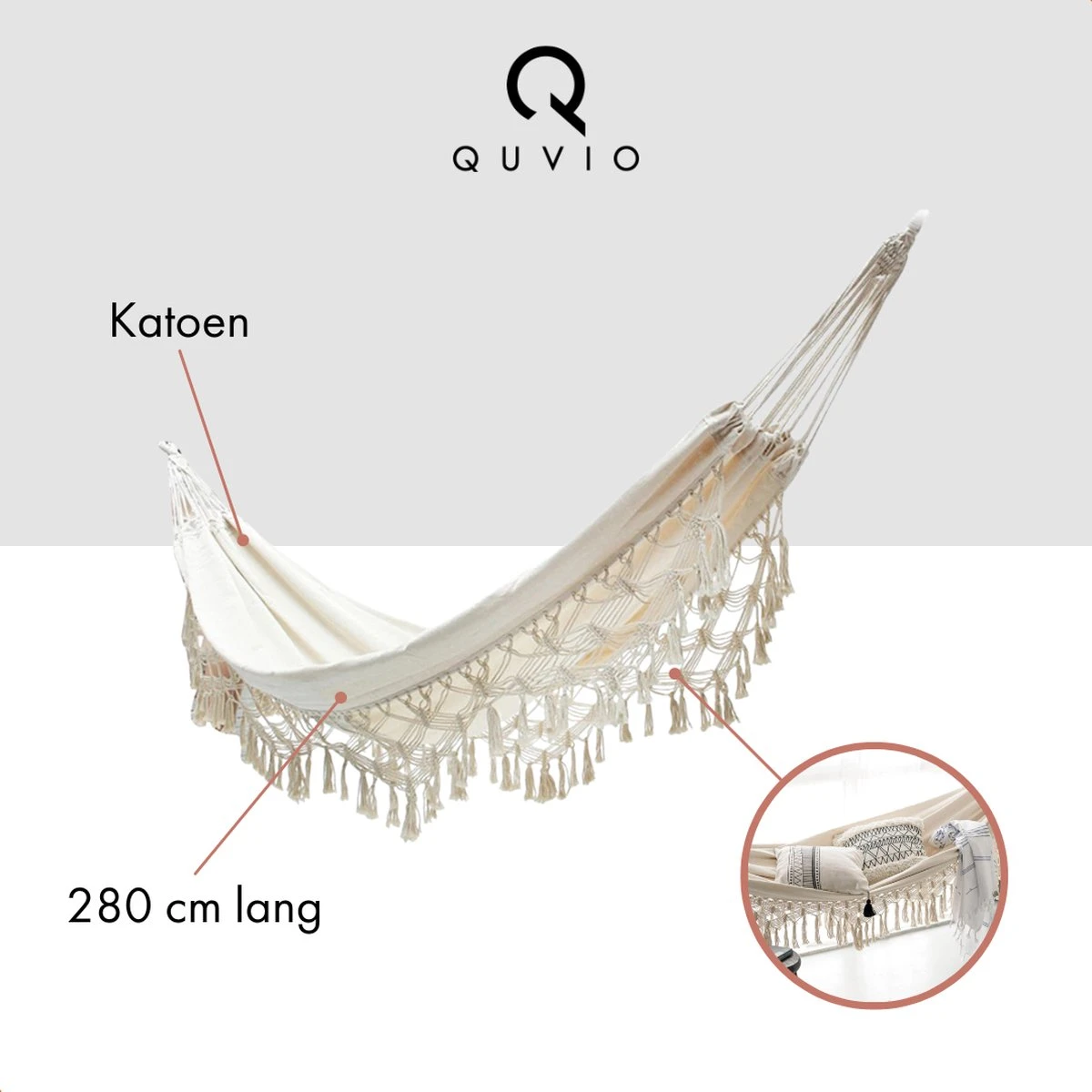 QUVIO Hangmat Voor In De Tuin - Tuinstoelen - Reishangmat Voor Camping, Outdoor En Reizen - Hamock - Katoen Ademend - Maximale Belasting Van 250KG - Lig Oppervlak Van 180 Cm - Geschikt Voor 1 Persoon - Beige - Afbeelding 3