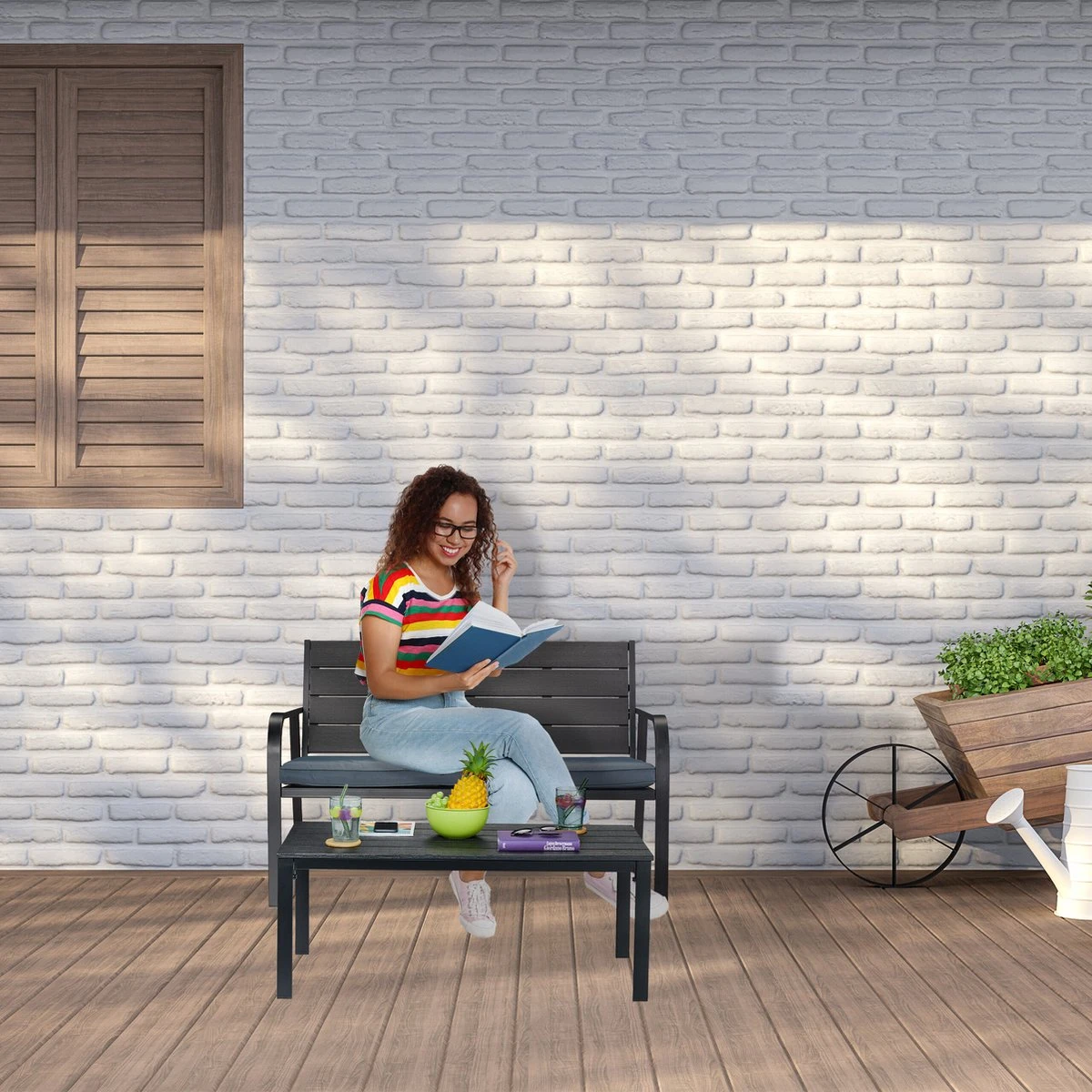 Relaxdays Tuinbank Met Kussen - 2 Zits Buitenbank Metaal - Balkonbank Kunststof - Voortuin - Afbeelding 2