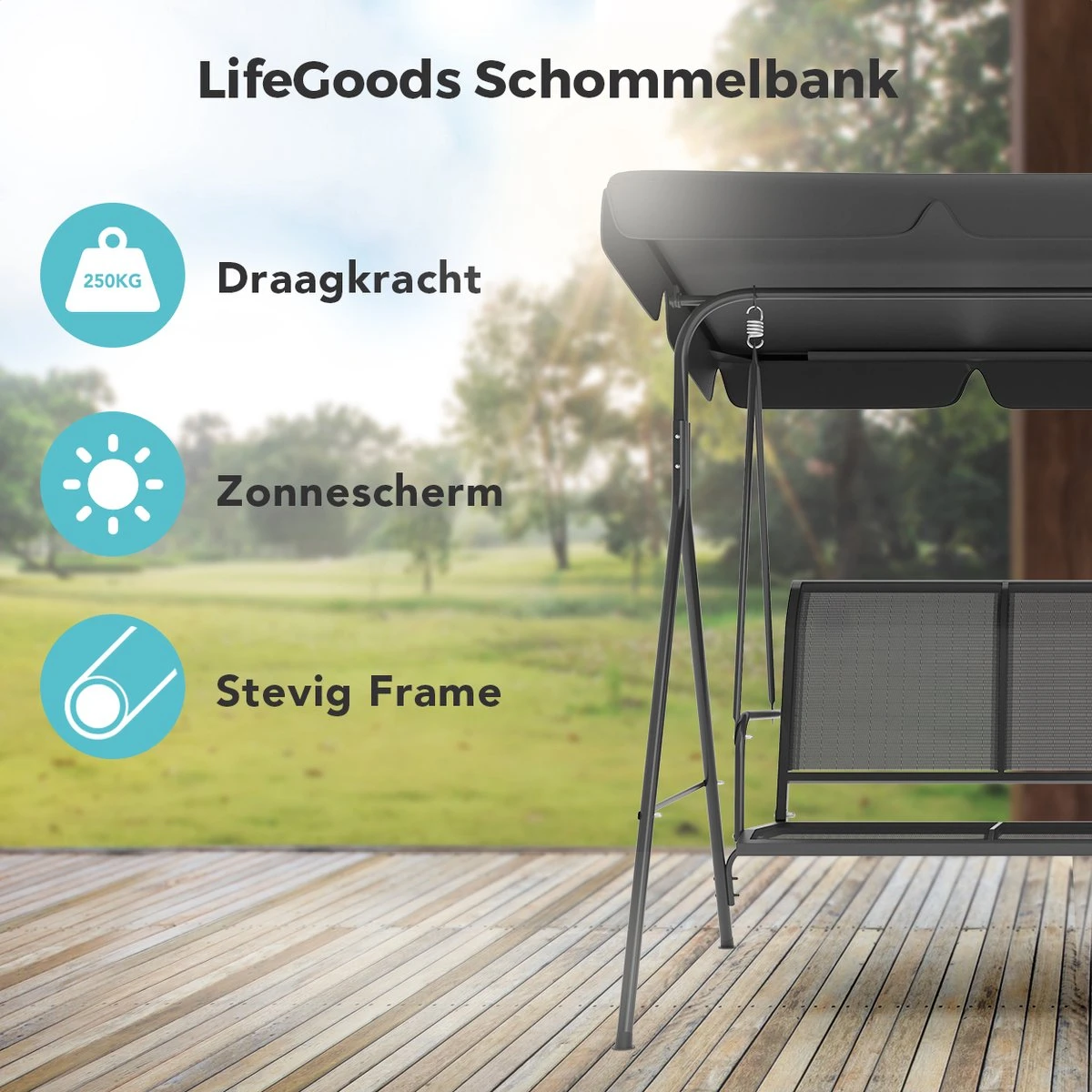 LifeGoods Schommelbank - 3-zits - Tot 250KG - Kantelbaar Dak - UV-bestendig Zonnescherm - 172x104x162cm - Grijs - Afbeelding 2