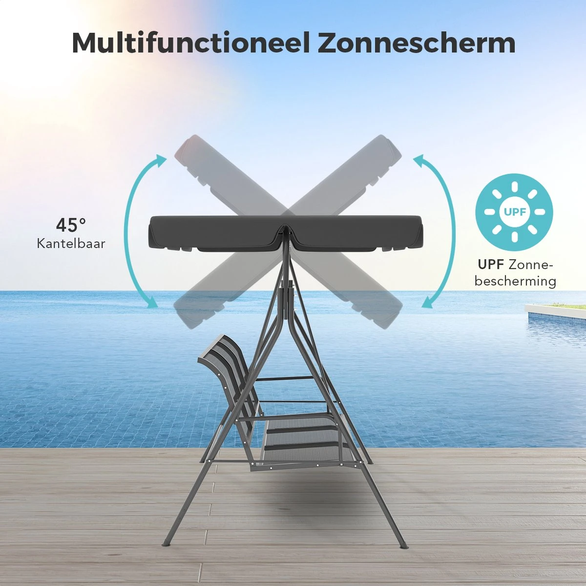 LifeGoods Schommelbank - 3-zits - Tot 250KG - Kantelbaar Dak - UV-bestendig Zonnescherm - 172x104x162cm - Grijs - Afbeelding 3