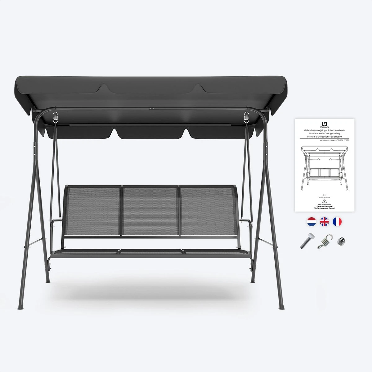 LifeGoods Schommelbank - 3-zits - Tot 250KG - Kantelbaar Dak - UV-bestendig Zonnescherm - 172x104x162cm - Grijs - Afbeelding 7