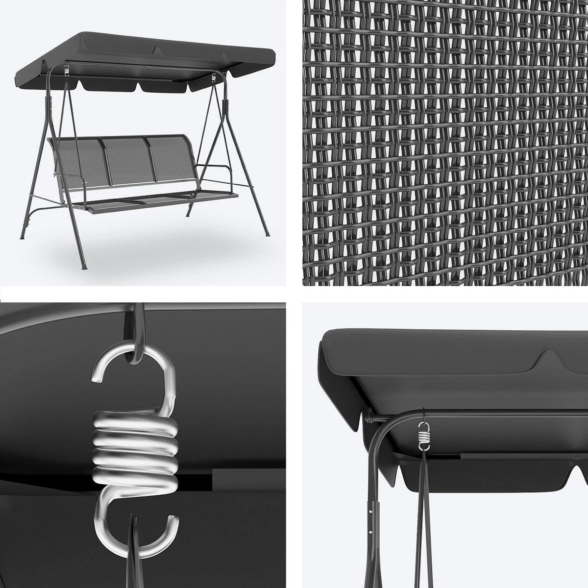 LifeGoods Schommelbank - 3-zits - Tot 250KG - Kantelbaar Dak - UV-bestendig Zonnescherm - 172x104x162cm - Grijs - Afbeelding 8