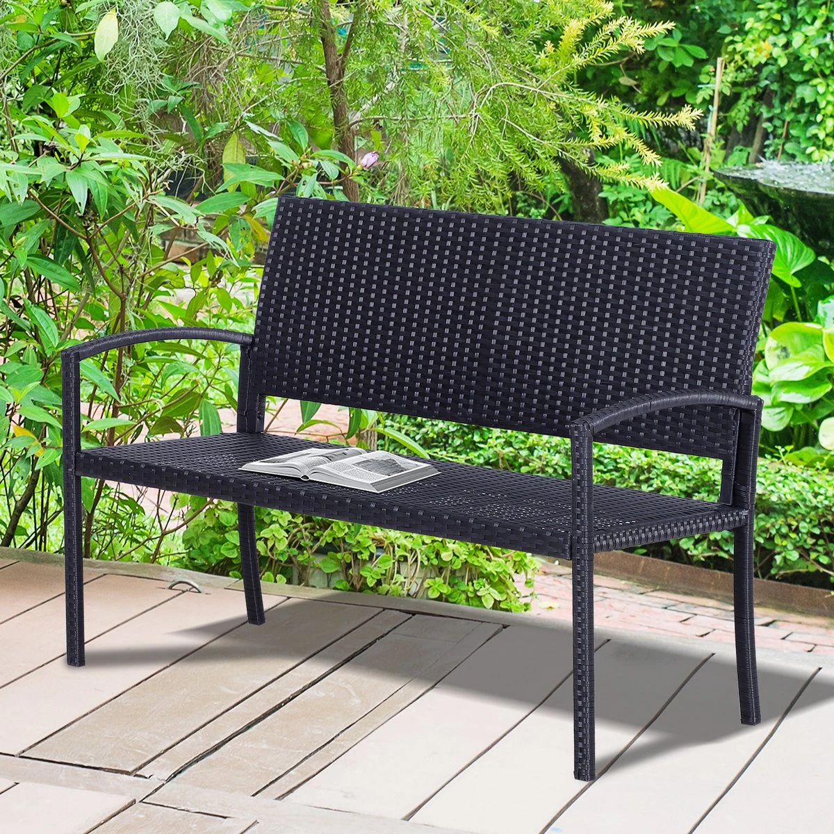 Outsunny Polyrotan Tuinbank 2-zits Parkbank Bank Staal Zwart 867-022 - Afbeelding 9