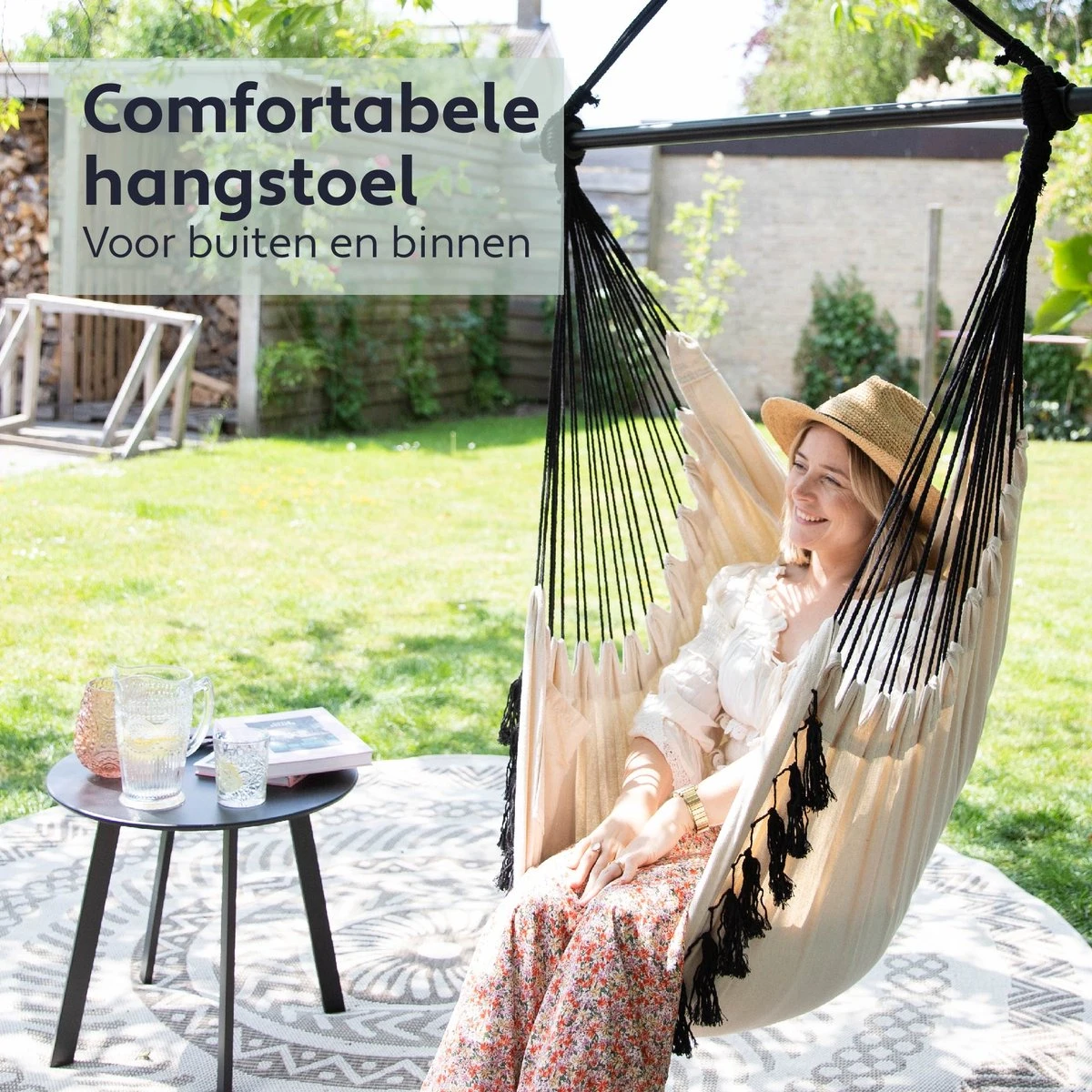 Vita5 XXL Hangstoel | Binnen&Buiten Hangnest | Incl. 2 Kussens En Boekenvak | Volwassenen&Kinderen | Hangmatstoel Tot 225kg | Beige - Afbeelding 2