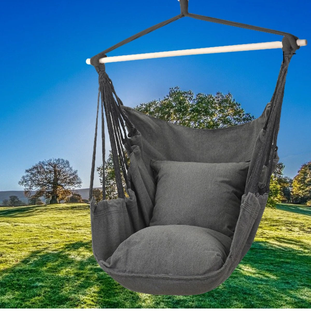 Hangmat Stoel - Hangstoel Voor Binnen Of Buiten - Incl. 2 Kussens - Zwart/Grijs Antraciet - Afbeelding 5