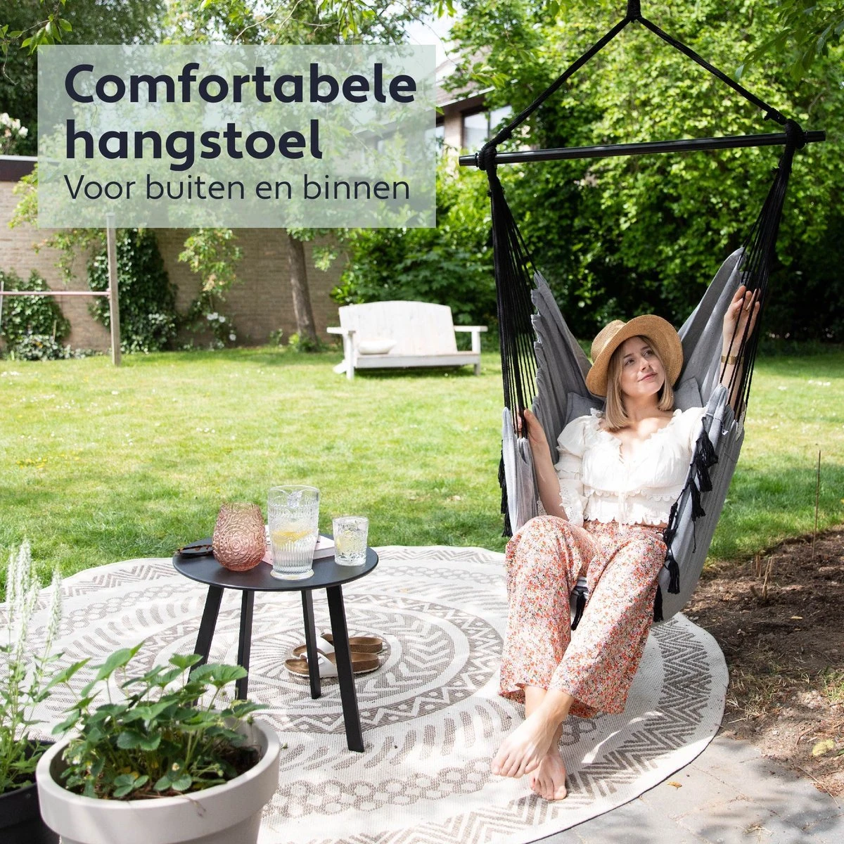 Vita5 XXL Hangstoel | Binnen&Buiten Hangnest | Incl. 2 Kussens En Boekenvak | Volwassenen&Kinderen | Hangmatstoel Tot 225kg | Grijs - Afbeelding 2