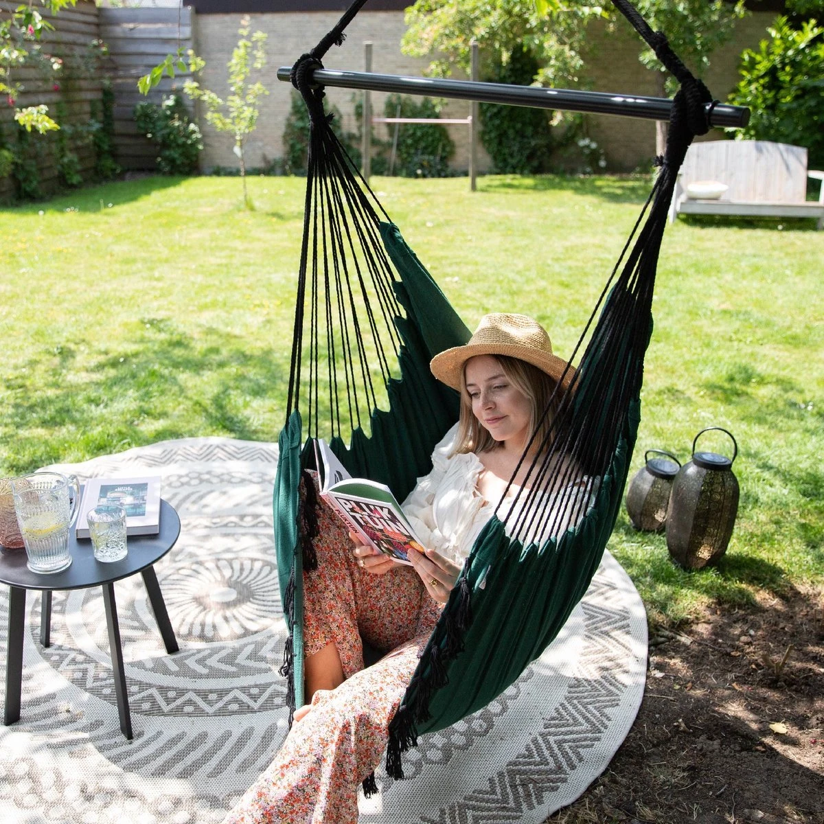 Vita5 XXL Hangstoel | Binnen&Buiten Hangnest | Incl. 2 Kussens En Boekenvak | Volwassenen&Kinderen | Hangmatstoel Tot 225kg | Donkergroen - Afbeelding 11