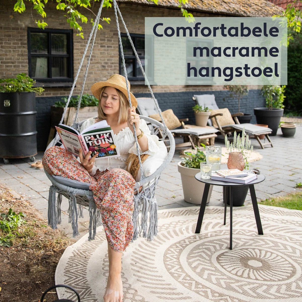 Vita5 Macramé Hangstoel - Voor Binnen En Buiten - Zonder Standaard - Incl. Kussen, Boekenvak En Beschermhoes - Tot 150kg - Grijs - Afbeelding 2