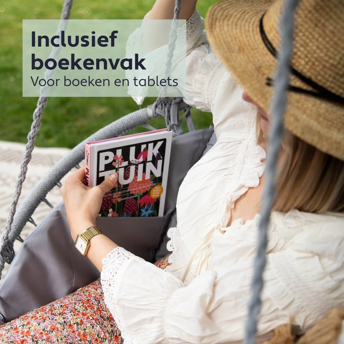 Vita5 Macramé Hangstoel - Voor Binnen En Buiten - Zonder Standaard - Incl. Kussen, Boekenvak En Beschermhoes - Tot 150kg - Grijs - Afbeelding 3