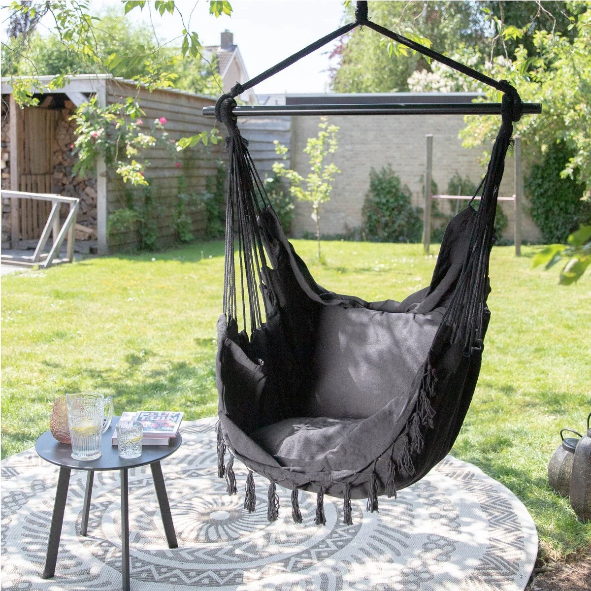 Vita5 XXL Hangstoel - Binnen&Buiten Hangnest - Incl. 2 Kussens En Boekenvak - Volwassenen&Kinderen - Hangmatstoel Tot 225kg - Zwart - Afbeelding 10