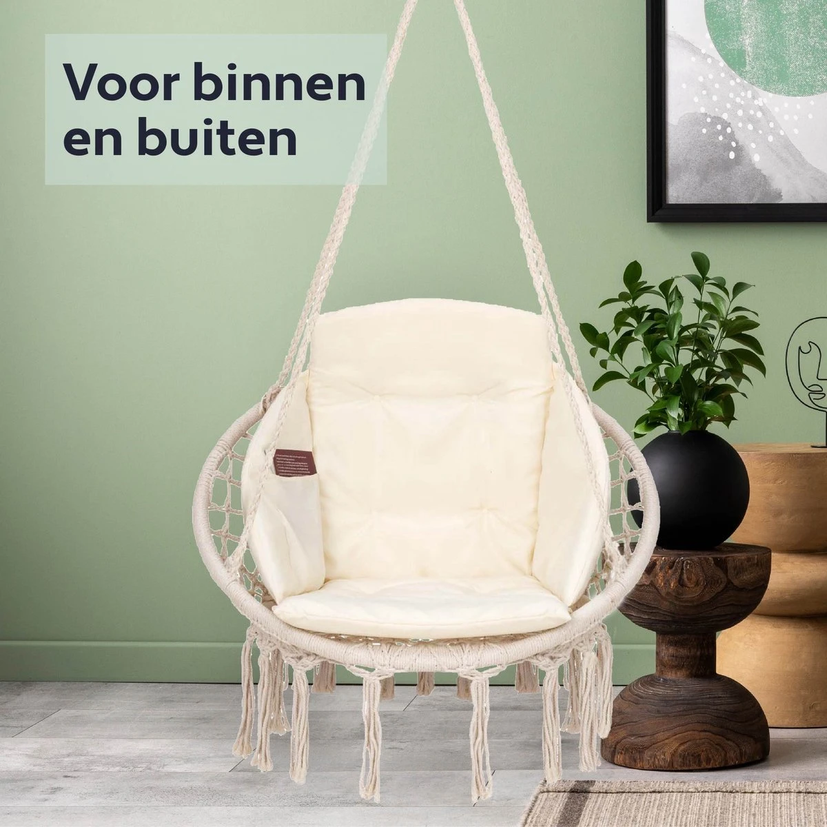Vita5 Macramé Hangstoel - Voor Binnen En Buiten - Zonder Standaard - Incl. Kussen, Boekenvak En Beschermhoes - Tot 150kg - Beige - Afbeelding 6