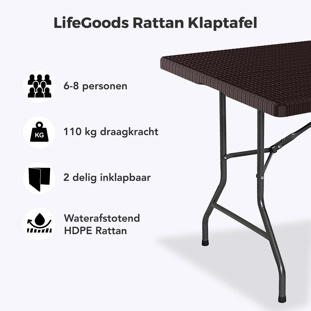 LifeGoods Klaptafel - Inklapbaar - 180 Cm - 6 Tot 8 Personen - Bruin - Afbeelding 2