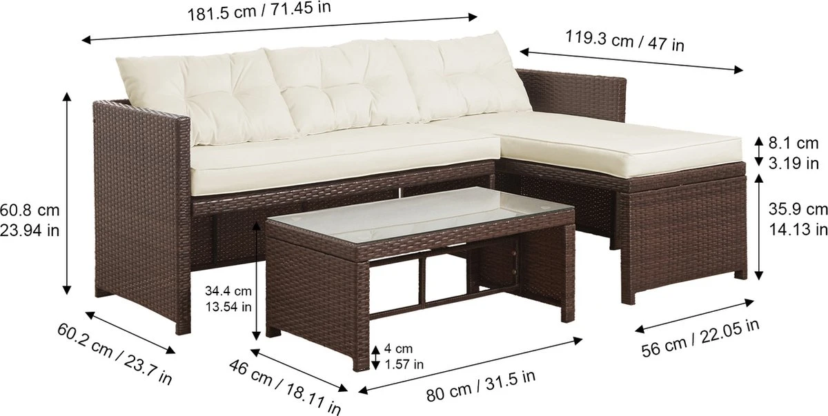 Teamson Home 3-Delig Hoek Loungeset - Tuinmeubelen - Tuinbank - Omvat Tafel En Kussens - Rotan - Bruin/Wit - Afbeelding 8