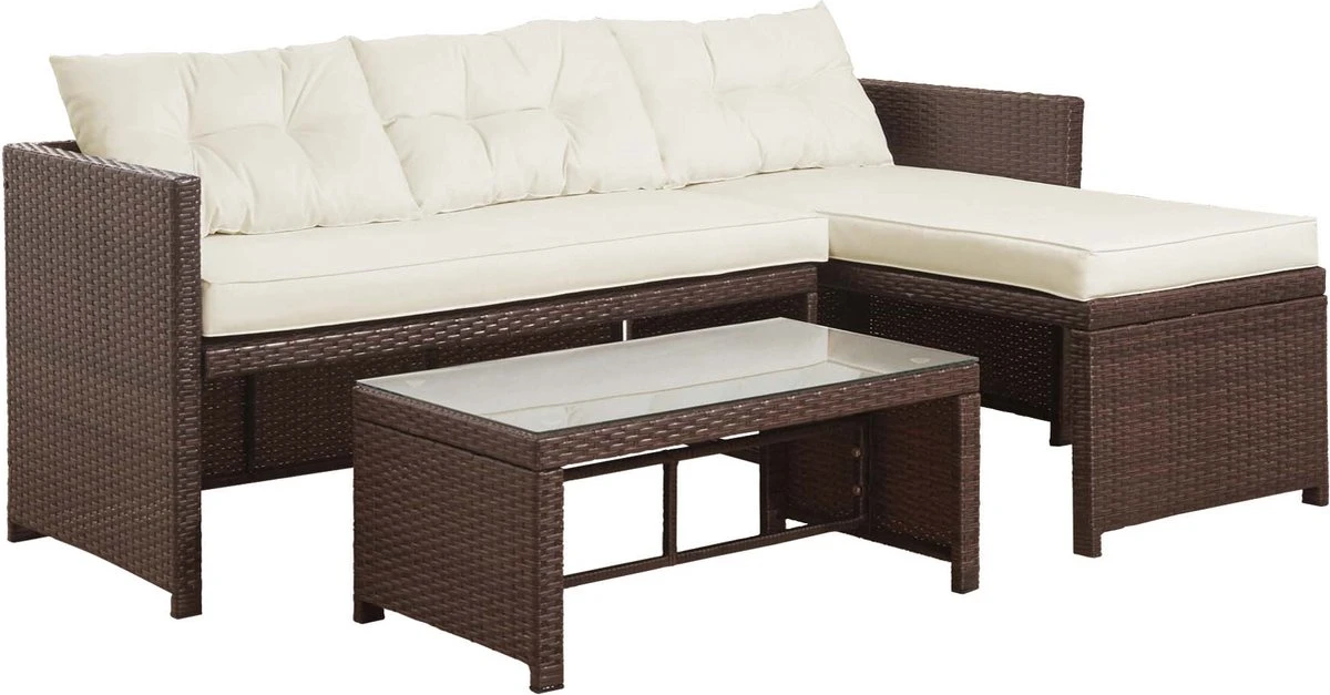 Teamson Home 3-Delig Hoek Loungeset - Tuinmeubelen - Tuinbank - Omvat Tafel En Kussens - Rotan - Bruin/Wit