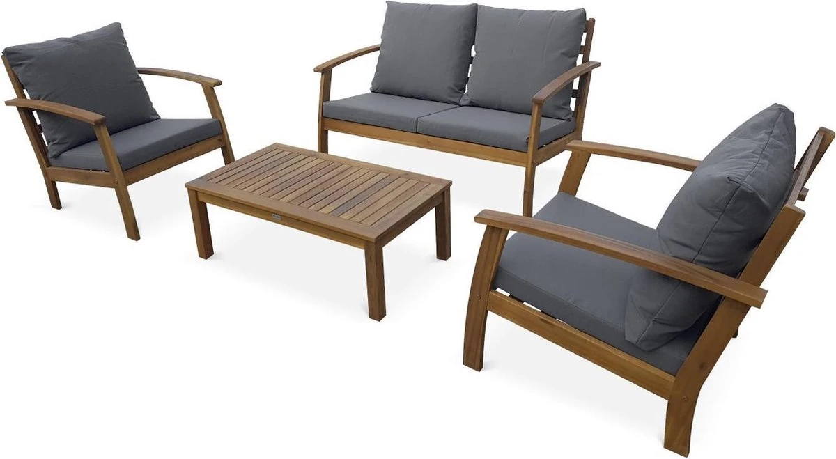 Houten Loungeset 4 Plaatsen - Ushuaïa - Grijs Kussens, Bank, Fauteuils En Lage Tafel Van Acacia, Design - Afbeelding 4