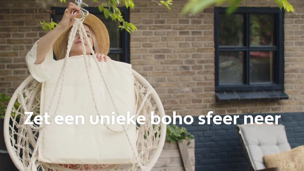 Vita5 Macramé Hangstoel - Voor Binnen En Buiten - Zonder Standaard - Incl. Kussen, Boekenvak En Beschermhoes - Tot 150kg - Beige - Afbeelding 12