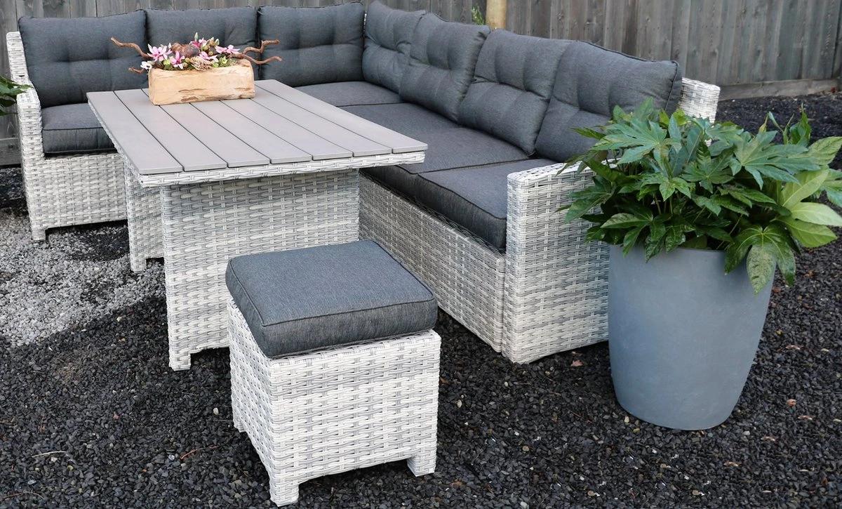 Merkloos Rivièra | Loungeset Hoekset Dining Set Tuinset | Wicker | Hoekbank, Hoge Tuintafel, 2 Hockers | 6 Zitplaatsen - Afbeelding 4