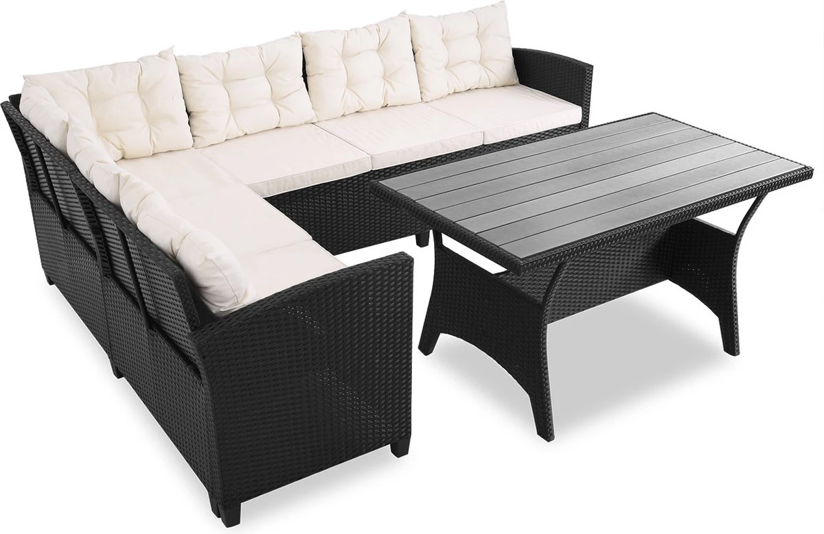 Casaria Polyrattan Tuinset - 15 Delig Voor 6 Personen – Crème Zwart - Afbeelding 3