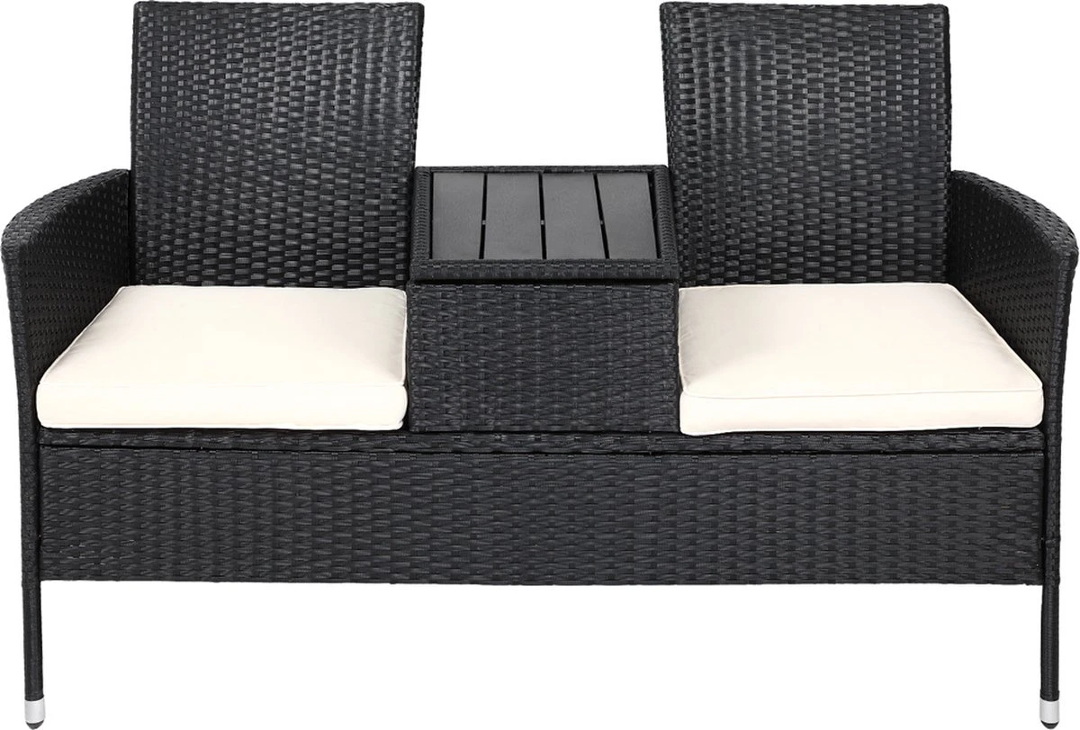 Casaria Tuinbank Polyrattan – 2 Zitter Incl. Tafel & Kussens – Zwart - Afbeelding 2