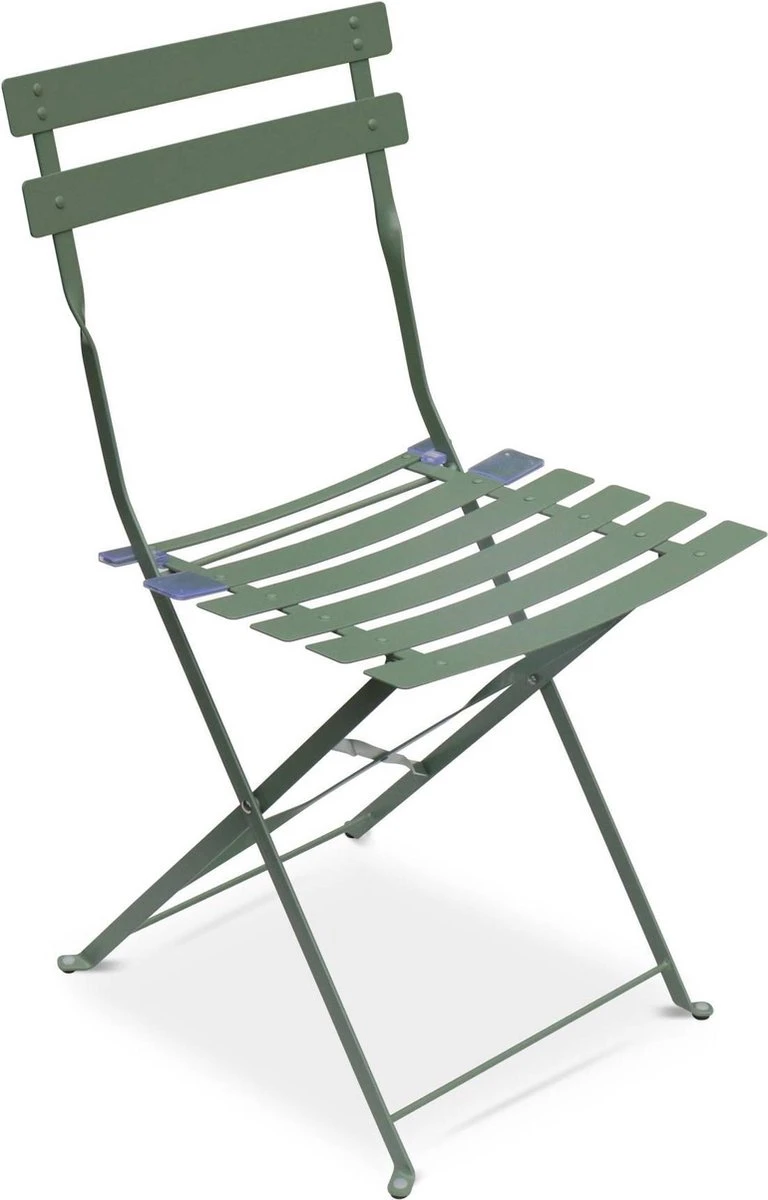 EMILIA Bistroset - 2 Inklapbare Stoelen En Een Ronde Tafel Van Gepoedercoat Staal Met Matte Afwerking – Groengrijs - Afbeelding 3