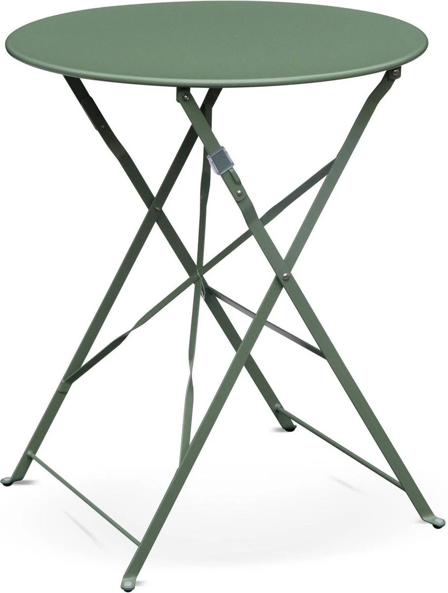 EMILIA Bistroset - 2 Inklapbare Stoelen En Een Ronde Tafel Van Gepoedercoat Staal Met Matte Afwerking – Groengrijs - Afbeelding 2